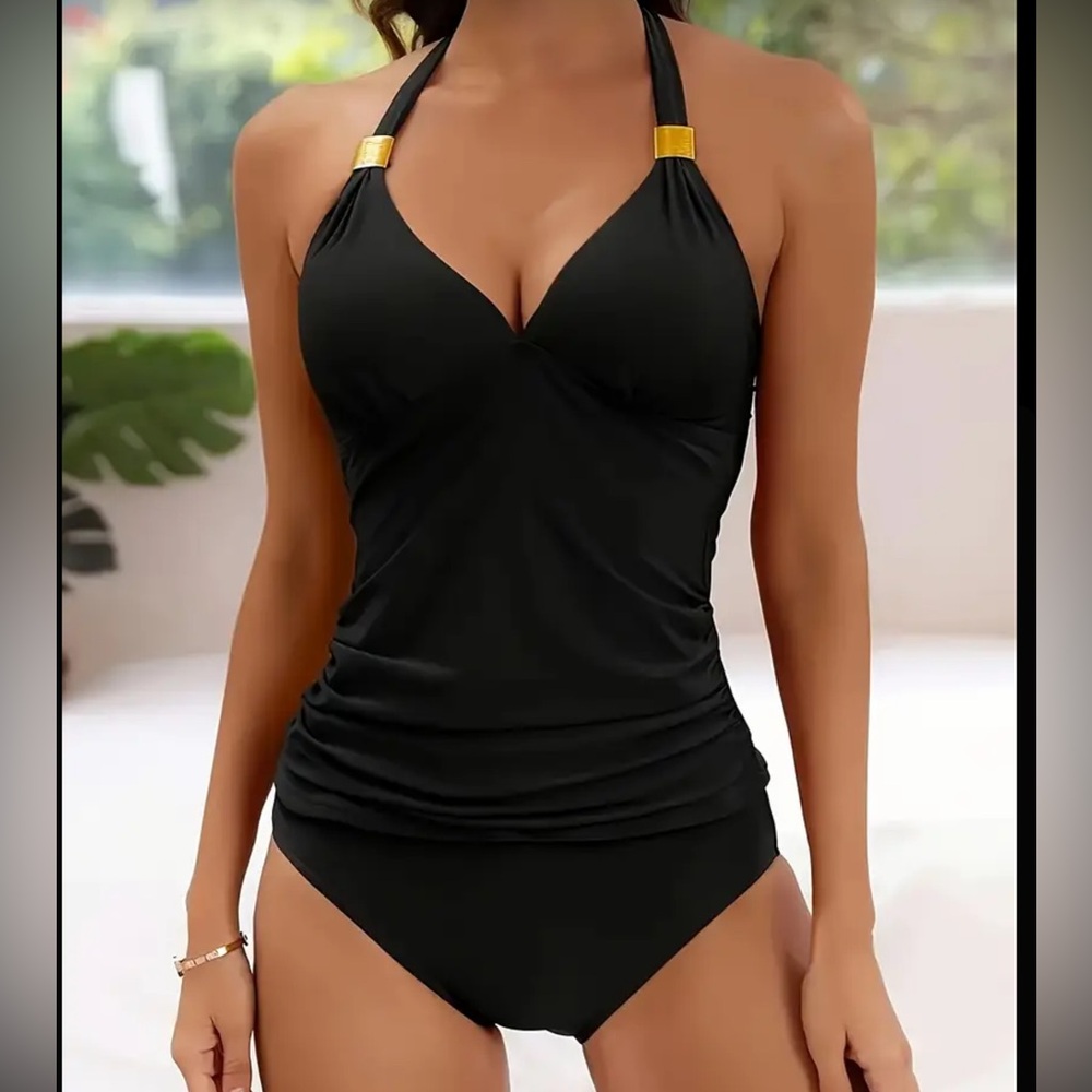 Women’s Black Halter Tankini Swimsuit XL Ruched Tummy Control NWT
